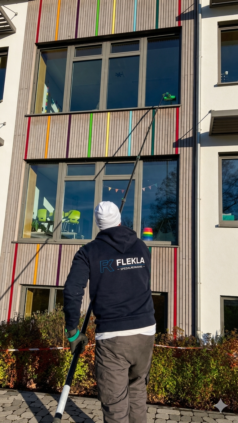 Professionelle Reinigung einer großen Glasfassade