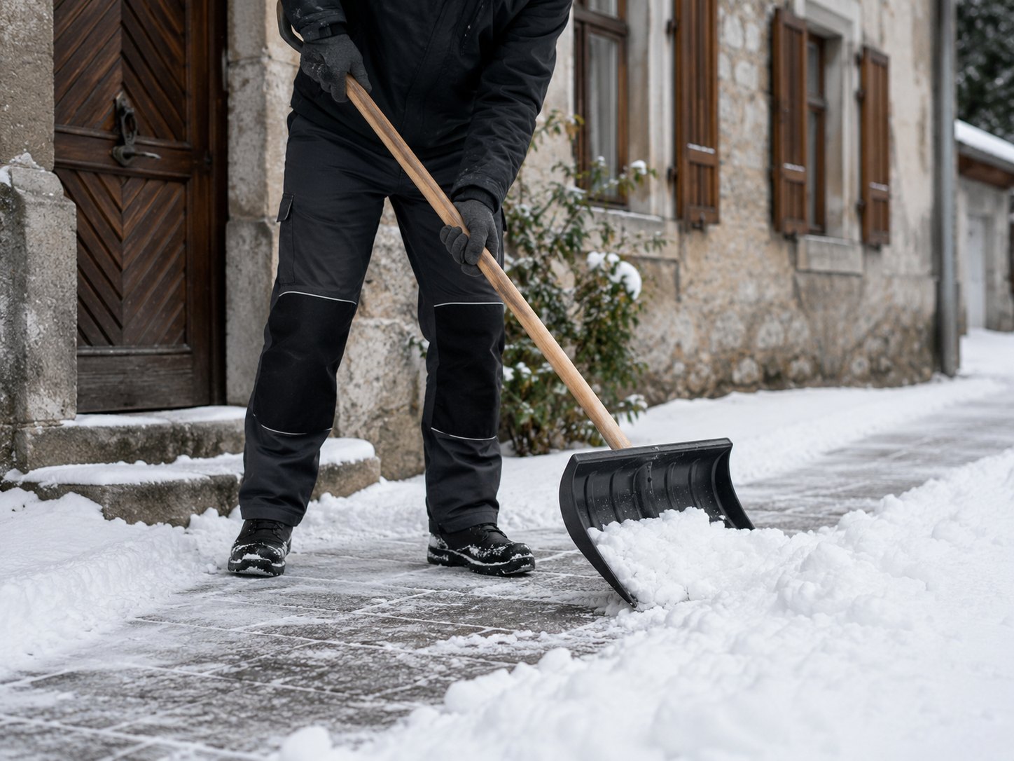 Winterdienst: Gehweg wird professionell von Schnee befreit